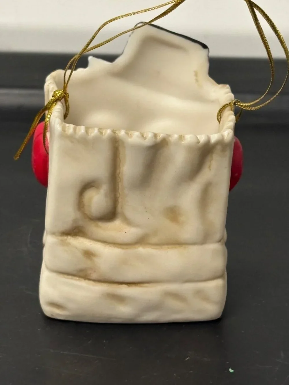 Vintage Bisque porcelain Snowman Christmas Paper Bag Gift Holder Ring Treat Box